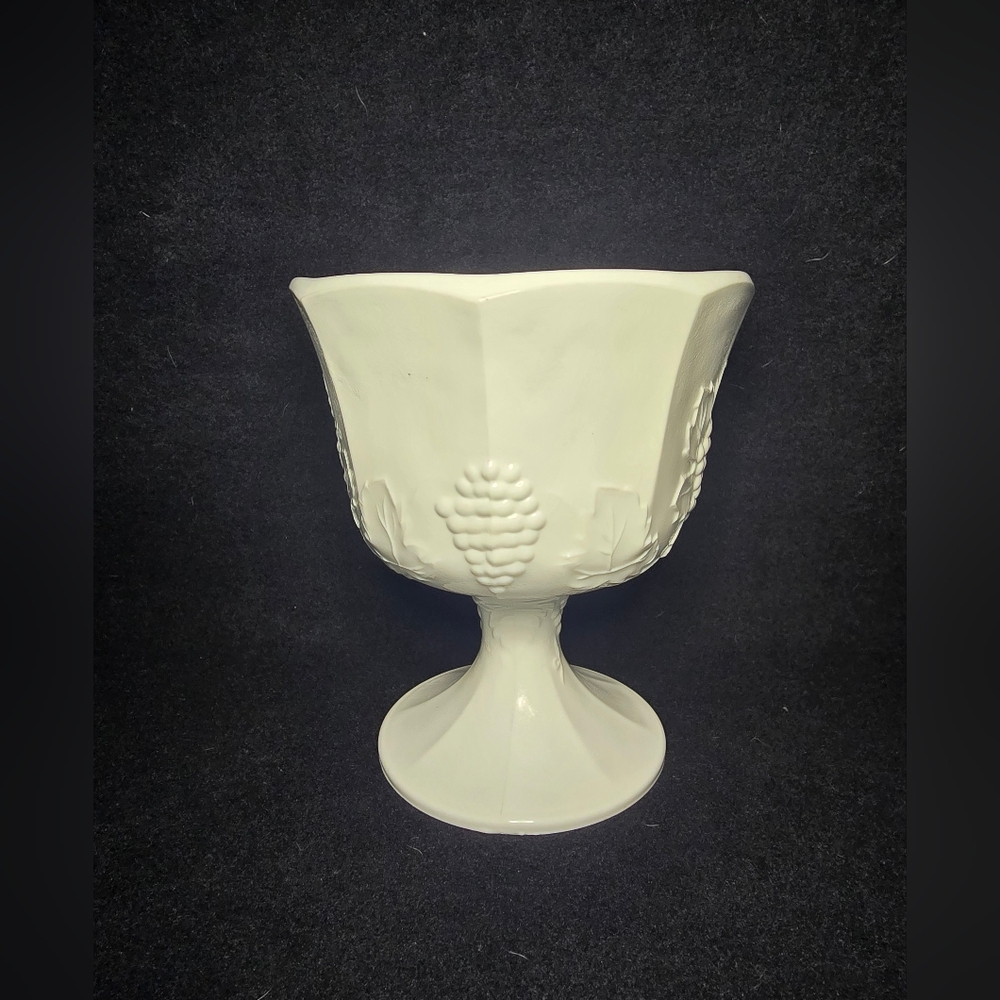 vintage milk glass compote bowl in the Paneled Grape pattern